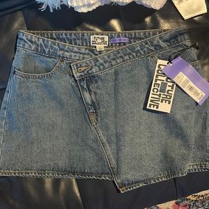 NWT! Future Collective Kahlana Barfield Brown Asymmetrical Mini Skirt Denim - 6